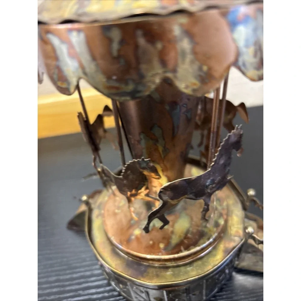Vintage Copper Wind-Up Musical Carousel Horses 1960s MCM Works